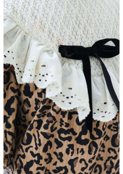 Kahverengi Fisto Yakalı Leopar Desenli Kız Bebek Romper - Lenora