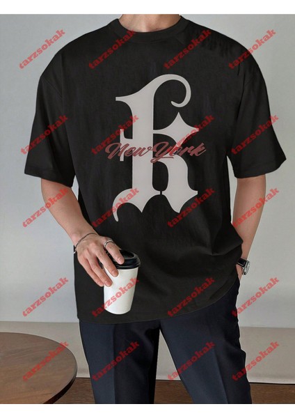 New York K Baskılı Oversize Yıkamalı Tshirt Siyah