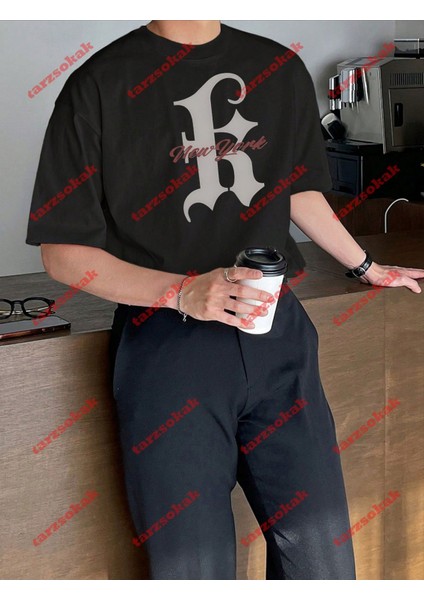 New York K Baskılı Oversize Yıkamalı Tshirt Siyah fırsatları