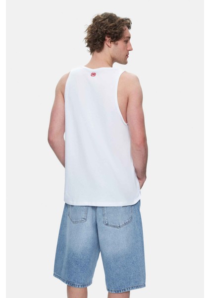 Wılber Beyaz Sıfır Kol Baskılı Loose Fit Erkek Tshirt fırsatları