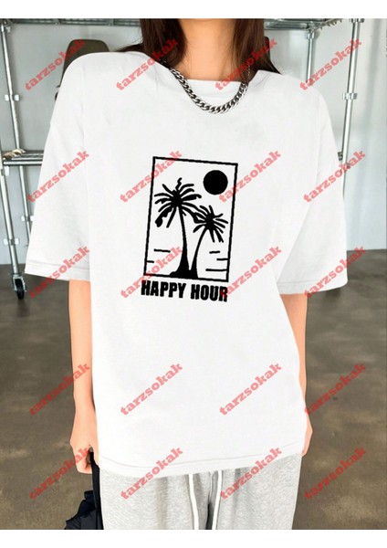 Minimal Palmiye Happy Baskılı Oversize Yıkamalı Tshirt Beyaz fırsatları