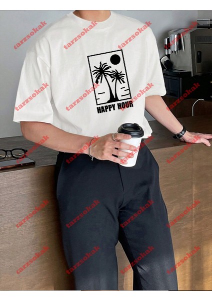 Minimal Palmiye Happy Baskılı Oversize Yıkamalı Tshirt Beyaz indirimleri