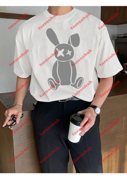 Minimal Vanny Baskılı Oversize Yıkamalı Tshirt Beyaz