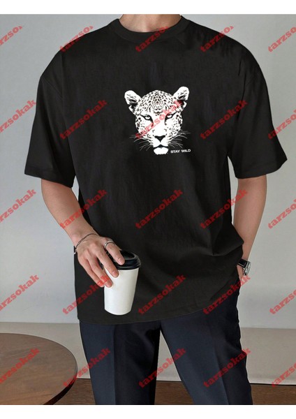 Leopar Stay Wild Baskılı Oversize Yıkamalı Tshirt Siyah