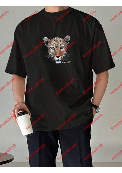 Leopar Stay Wild Baskılı Oversize Yıkamalı Tshirt Siyah modelleri