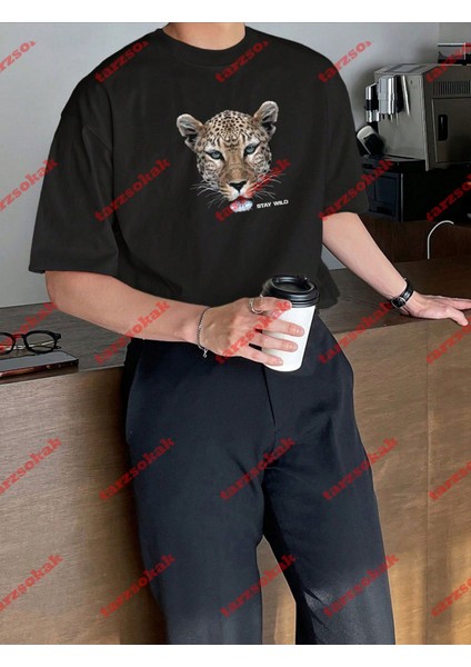 Leopar Stay Wild Baskılı Oversize Yıkamalı Tshirt Siyah fırsatları