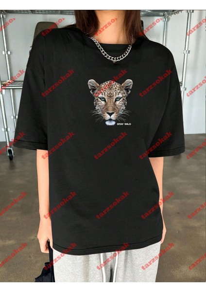 Leopar Stay Wild Baskılı Oversize Yıkamalı Tshirt Siyah indirimleri