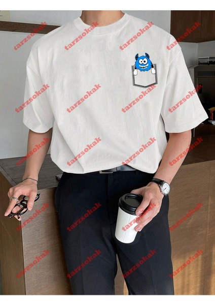 Minimal Sevimli Canavar Baskılı Oversize Yıkamalı Tshirt Beyaz