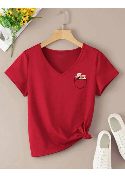 Tarzsokak V Yaka Basic Çiçek Baskılı Pamuklu Tshirt (Normal