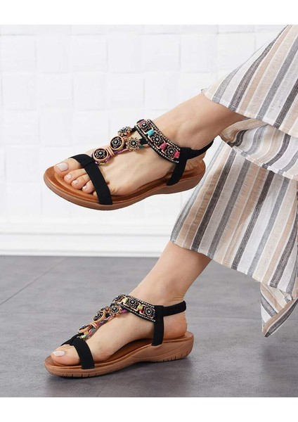 Y-6789 Siyah Kesar Geçme Kurdeleli Çiçek Taşlı Kadın Sandalet
