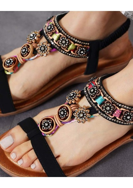 Y-6789 Siyah Kesar Geçme Kurdeleli Çiçek Taşlı Kadın Sandalet