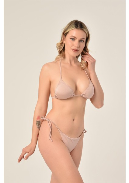 Aquaviva Kadın Pudra Üçgen Slip Büzgülü Brazılıan Bikini Takımı