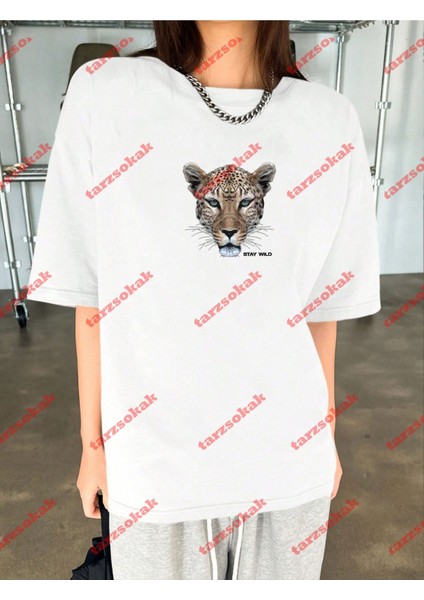 Leopar Stay Wild Baskılı Oversize Yıkamalı Tshirt Beyaz