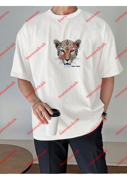 Leopar Stay Wild Baskılı Oversize Yıkamalı Tshirt Beyaz indirimleri
