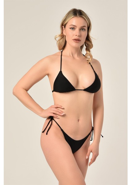 Aquaviva Kadın Siyah Üçgen Slip Büzgülü Brazılıan Bikini Takımı