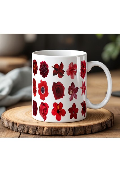 BB Desing Kırmızı Çiçekler Tasarımlı Beyaz Seramik Baskılı Kupa Bardak 330 ml
