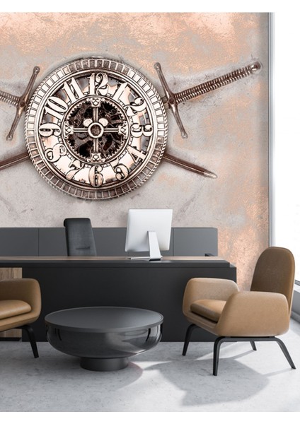 Vintage Kalkan Saat Desenli Isı ve Ses Yalıtımlı Sağlıklı Tekstil Duvar Kağıdı fiyatları