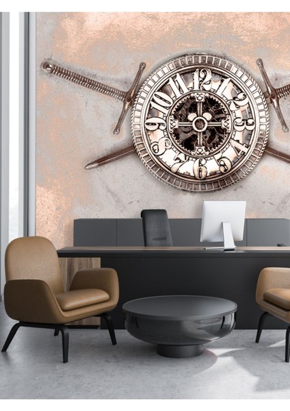 Vintage Kalkan Saat Desenli Isı ve Ses Yalıtımlı Sağlıklı Tekstil Duvar Kağıdı modelleri