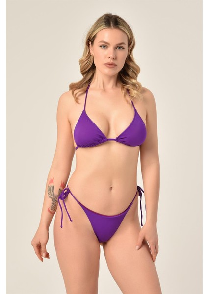 Aquaviva Kadın Mor Üçgen Slip Büzgülü Brazılıan Bikini Takımı