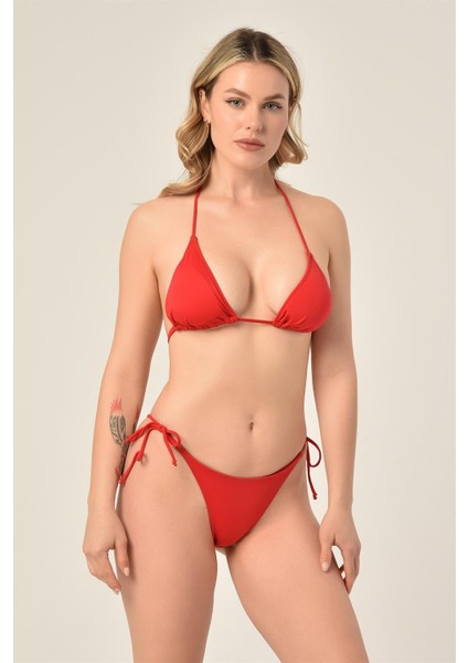 Aquaviva Kadın Kırmızı Üçgen Slip Büzgülü Brazılıan Bikini Takımı