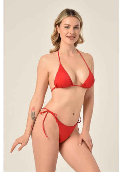 Aquaviva Kadın Kırmızı Üçgen Slip Büzgülü Brazılıan Bikini Takımı fiyatları