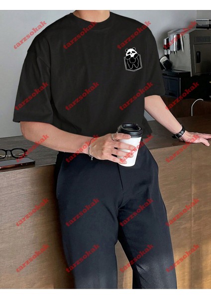 Minimal Sevimli Panda Baskılı Oversize Yıkamalı Tshirt Siyah fırsatları