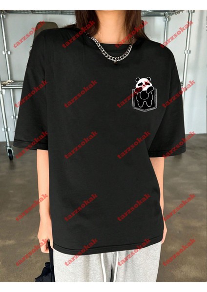 Minimal Sevimli Panda Baskılı Oversize Yıkamalı Tshirt Siyah indirimleri