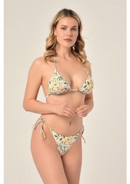 Aquaviva Kadın Beyaz Yaprak Desen Üçgen Slip Büzgülü Brazılıan Bikini Takımı fiyatları