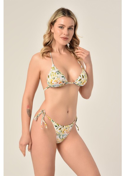 Aquaviva Kadın Beyaz Yaprak Desen Üçgen Slip Büzgülü Brazılıan Bikini Takımı modelleri