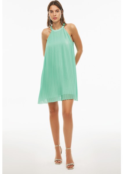 Blants Rahat Kalıp Diz Altı Kolsuz Yarım Dik Yaka Mint Renk Elbise