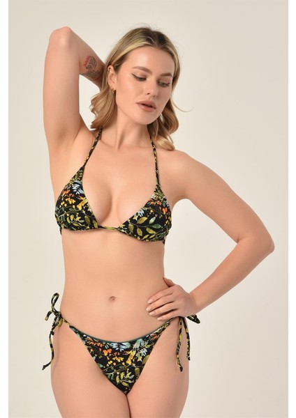 Aquaviva Kadın Siyah Yeşil Yaprak Desen Üçgen Slip Büzgülü Brazılıan Bikini Takımı