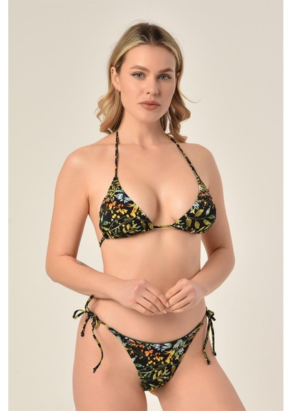 Aquaviva Kadın Siyah Yeşil Yaprak Desen Üçgen Slip Büzgülü Brazılıan Bikini Takımı fiyatları