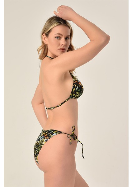 Aquaviva Kadın Siyah Yeşil Yaprak Desen Üçgen Slip Büzgülü Brazılıan Bikini Takımı modelleri