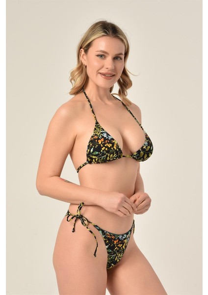 Aquaviva Kadın Siyah Yeşil Yaprak Desen Üçgen Slip Büzgülü Brazılıan Bikini Takımı fırsatları