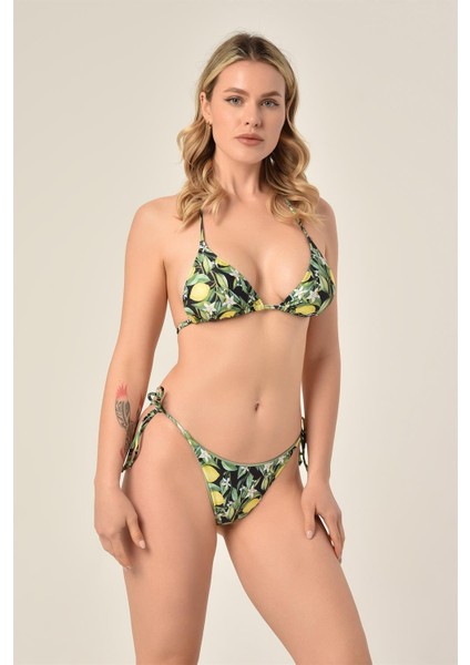 Aquaviva Kadın Yeşil Limon Desen Üçgen Slip Büzgülü Brazılıan Bikini Takımı modelleri