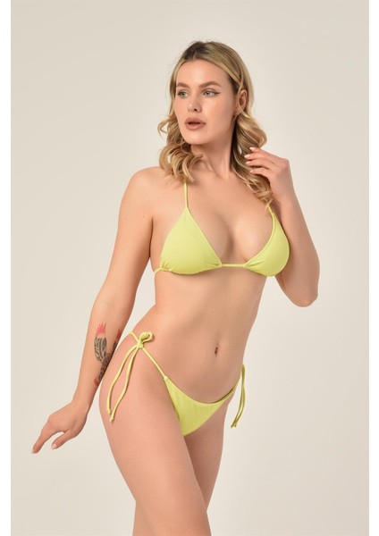 Aquaviva Kadın Neon Sarı Üçgen Slip Büzgülü Brazılıan Bikini Takımı