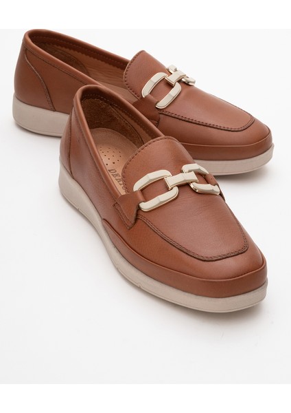 Kadın Ortopedik Tokalı Günlük Loafer Ayakkabı Gerçek Deri Cr 2202 Taba