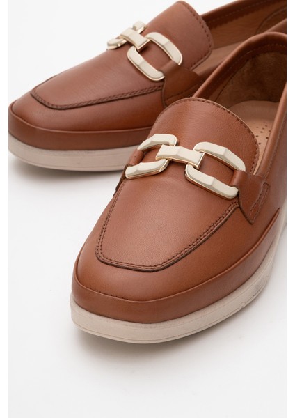 Kadın Ortopedik Tokalı Günlük Loafer Ayakkabı Gerçek Deri Cr 2202 Taba