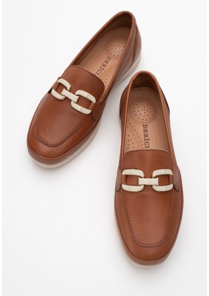 Kadın Ortopedik Tokalı Günlük Loafer Ayakkabı Gerçek Deri Cr 2202 Taba