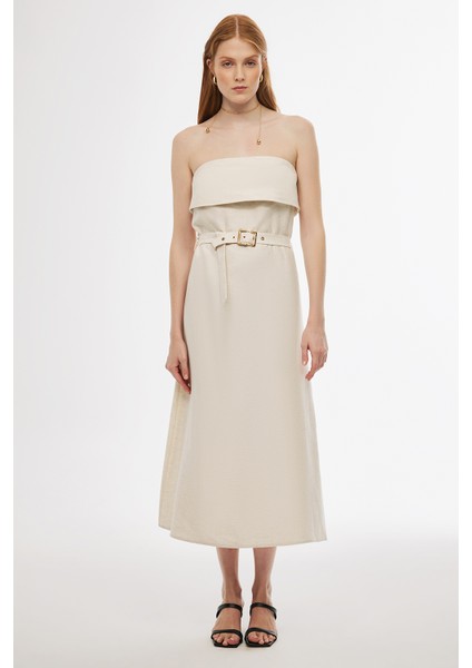 Brates Regular Fit Midi Boy Straplez Bej Renk Elbise