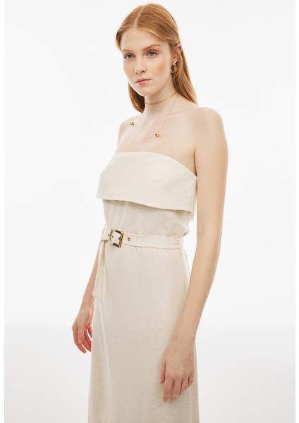 Brates Regular Fit Midi Boy Straplez Bej Renk Elbise modelleri