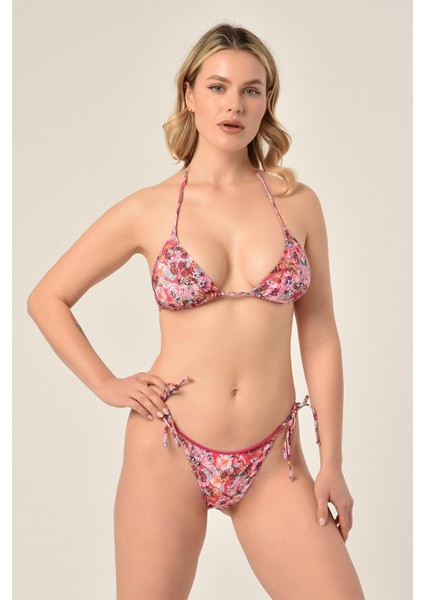 Aquaviva Kadın Pembe Çiçek Desen Üçgen Slip Büzgülü Brazılıan Bikini Takımı modelleri