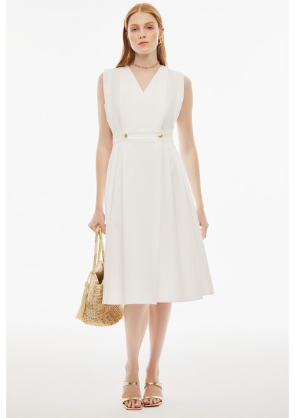 Belias Regular Fit Midi Boy Sıfır Kol Bisiklet Yaka Ekru Renk Elbise