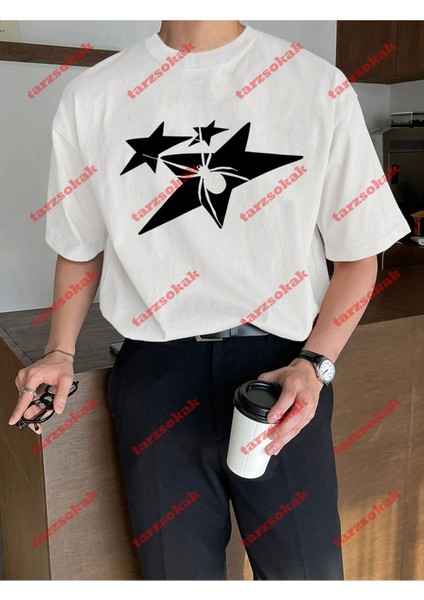 Minimal Star Print Baskılı Oversize Yıkamalı Tshirt Beyaz