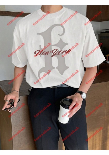 New York K Baskılı Oversize Yıkamalı Tshirt Beyaz