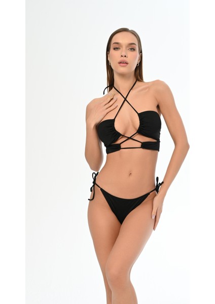 Aquaviva Kadın Siyah Fitilli Çapraz Ipli Barbara Dekolte Bikini Takımı