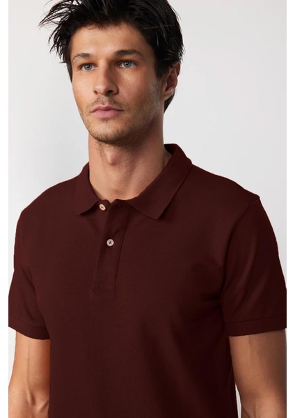Erkek Regular Fit Klasik Kesim %100 Pamuk Düz Pike Bordo polo Yaka Tişört