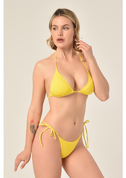 Aquaviva Kadın Sarı Üçgen Slip Büzgülü Brazılıan Bikini Takımı