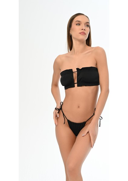 Aquaviva Kadın Siyah Luıza Straplez Sürgülü Brezılıan Fırfırlı Bikini Takımı