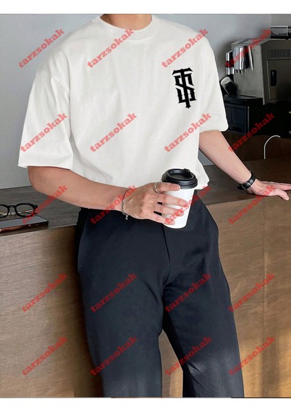 Lisanslı Amblem Baskılı Oversize Yıkamalı Tshirt Beyaz indirimleri